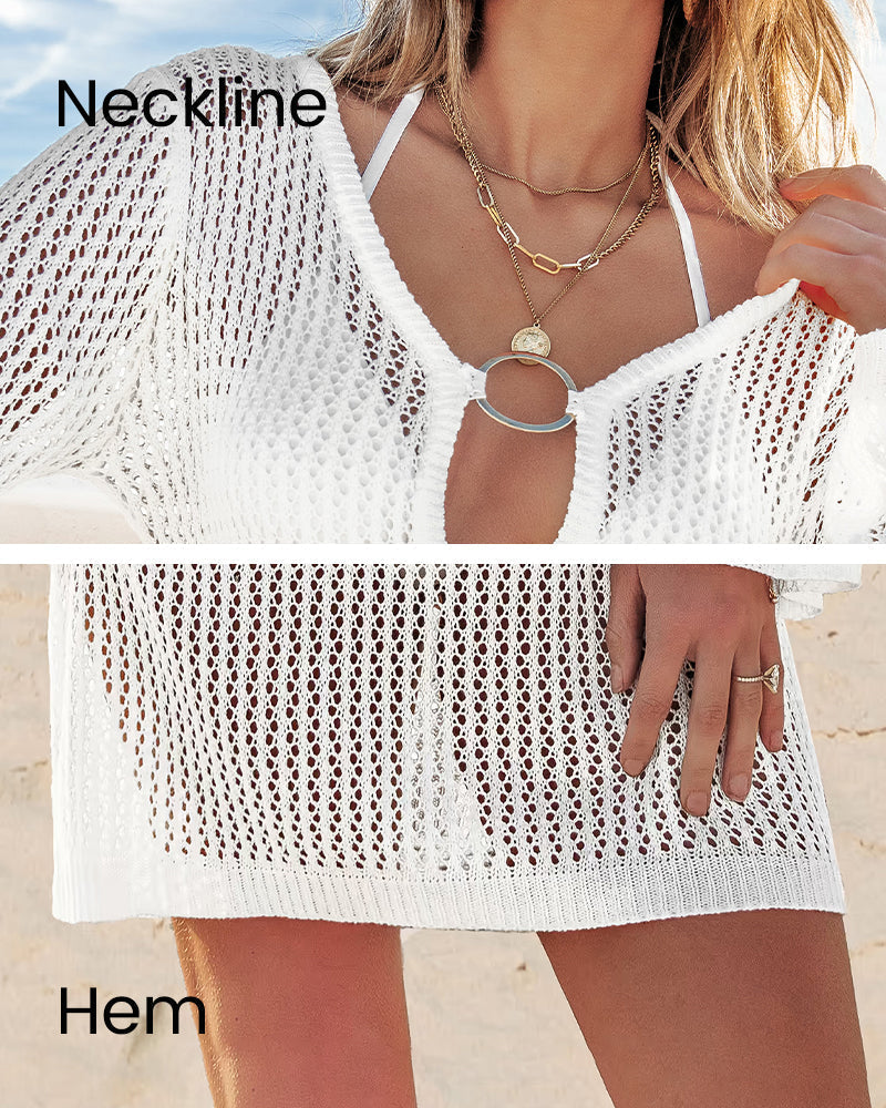 Vestido de Playa de Crochet con Mangas Largas y Escote Pronunciado