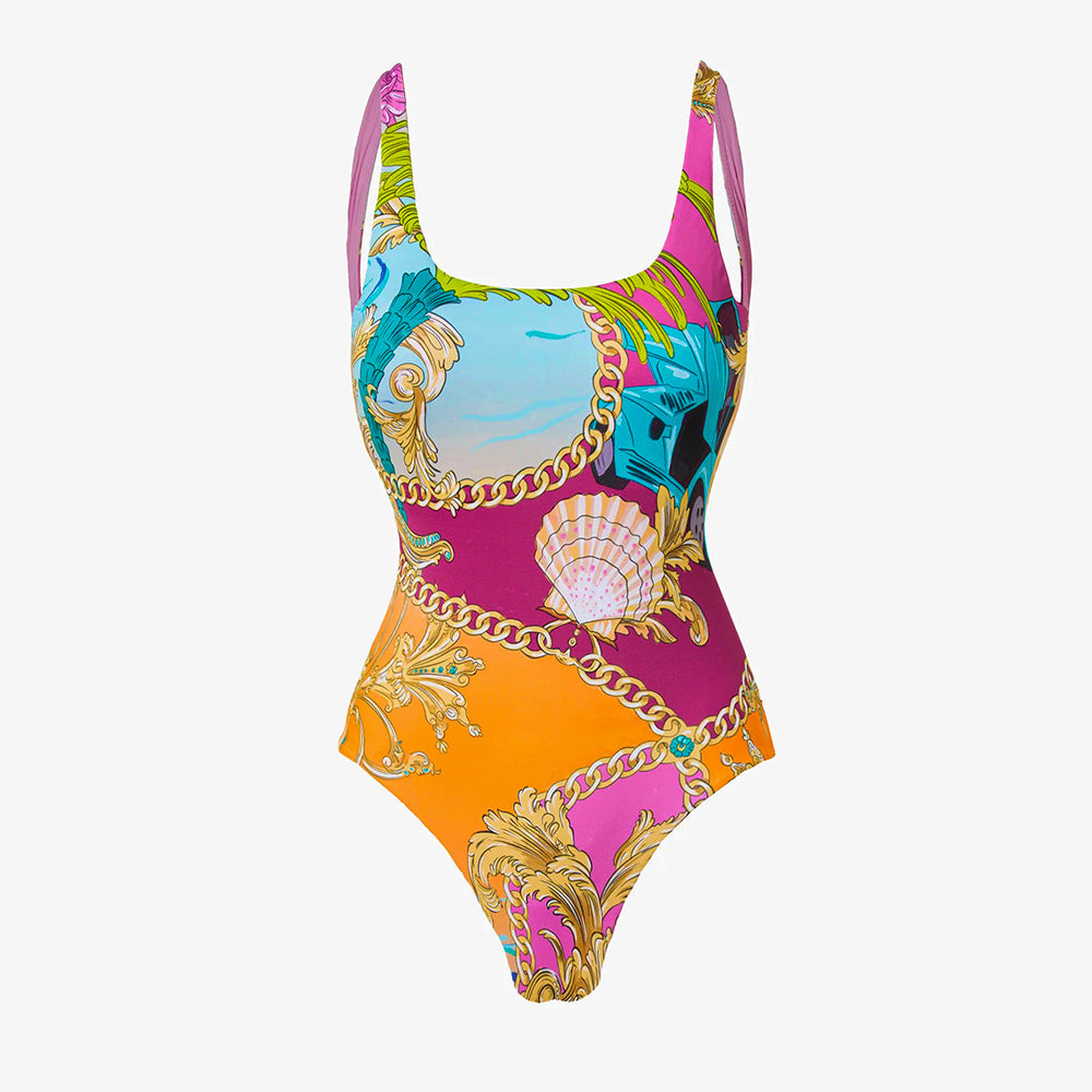 Conjunto de Baño de Una Pieza con Estampado de Concha y Sarong/Falda
