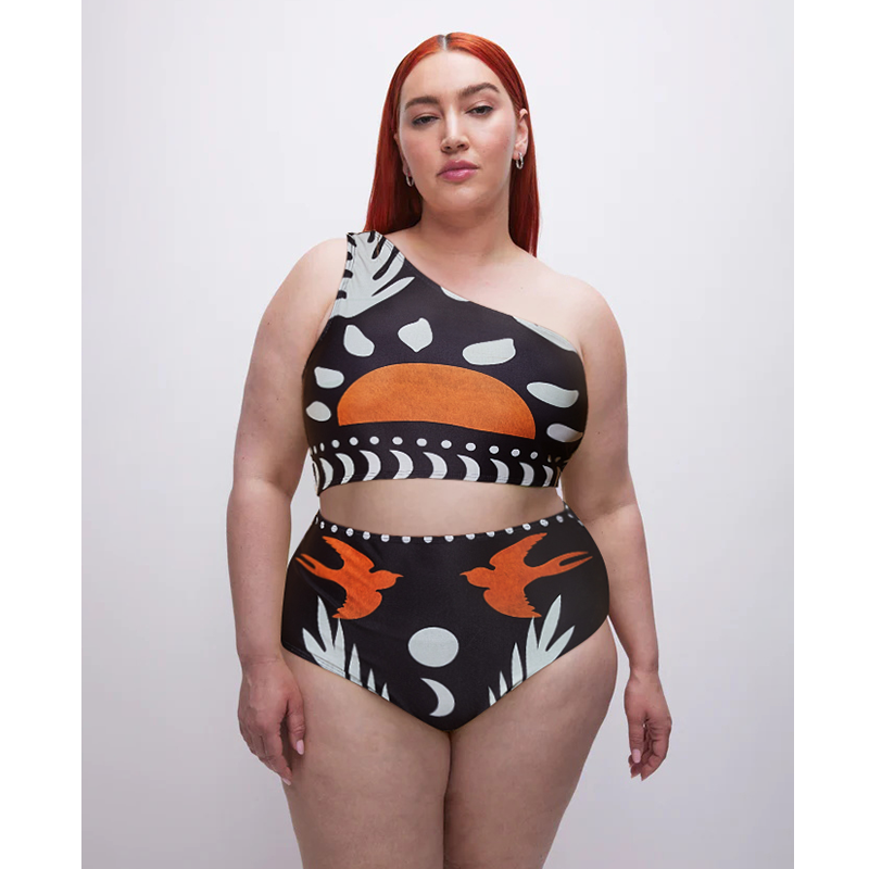 Bikini de un solo hombro con pantalones o falda de cintura alta