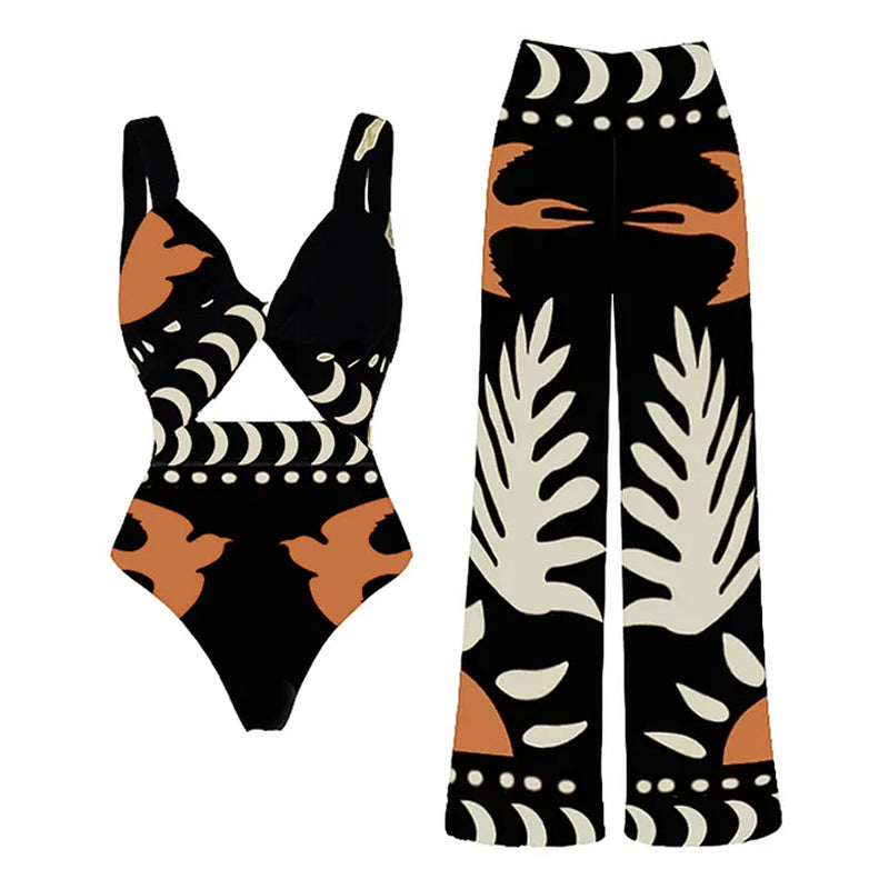 Bikini de un solo hombro con pantalones o falda de cintura alta