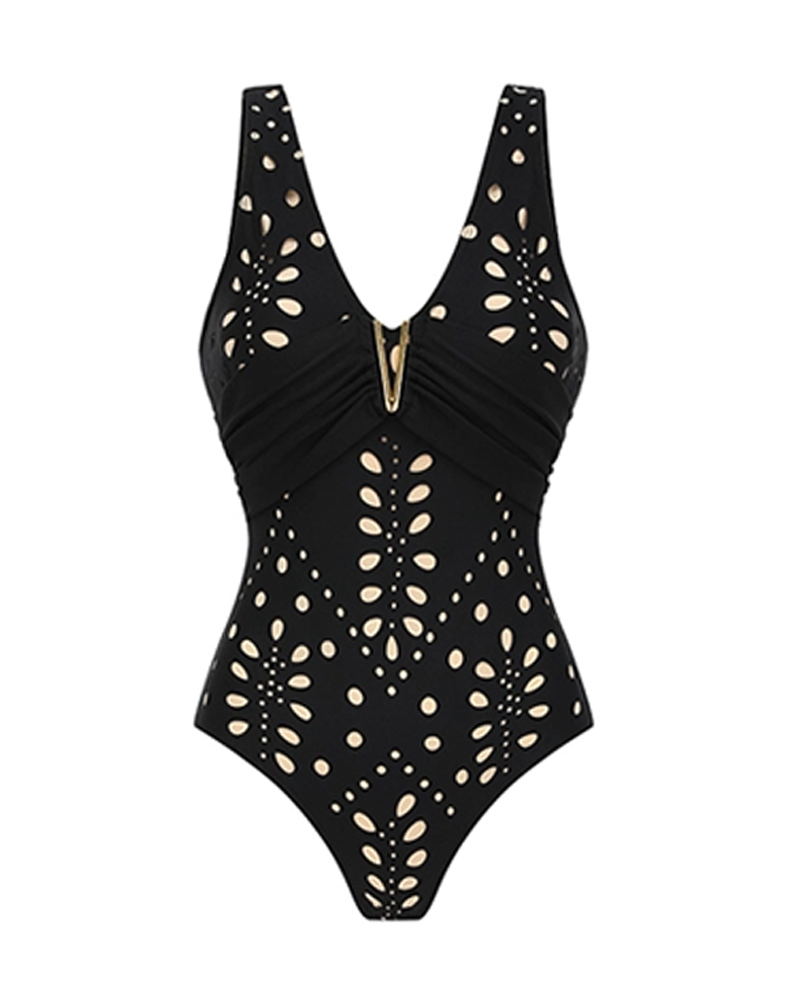 Conjunto de bañador negro floral con corte láser y control abdominal de un solo hombro