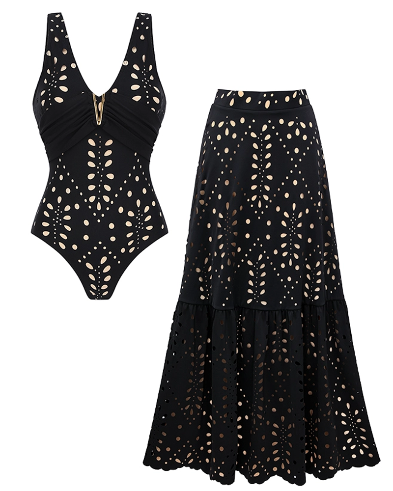 Conjunto de bañador negro floral con corte láser y control abdominal de un solo hombro