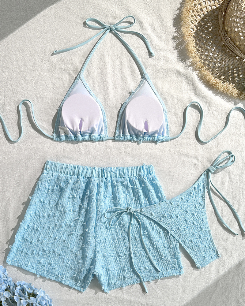 Conjunto de Bikini Halter Sólido Minimalista con Shorts