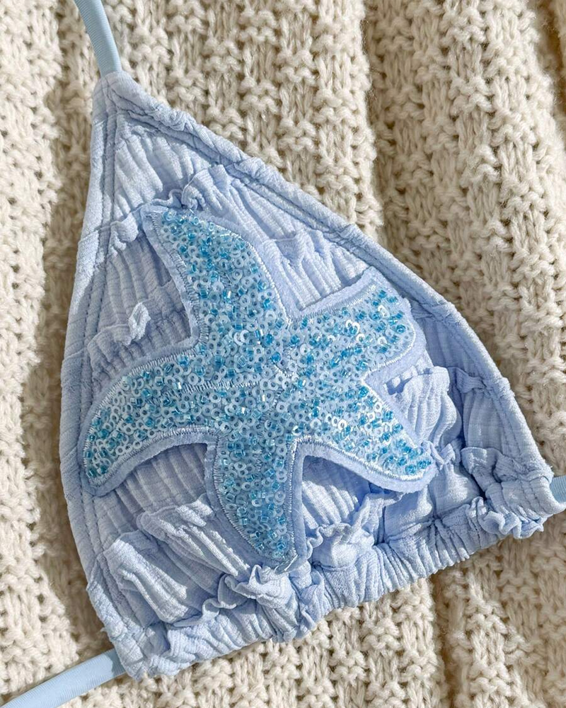 Conjunto de Bikini de Dos Piezas con Bordado de Estrella de Mar y Diseño Halter