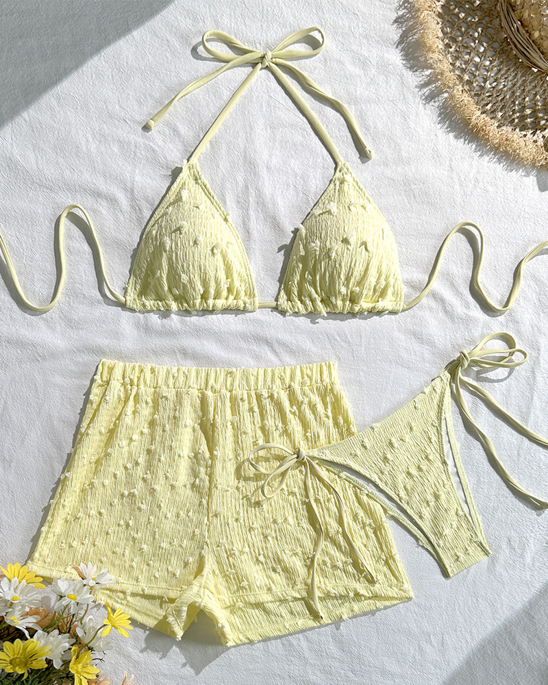 Conjunto de Bikini Halter Sólido Minimalista con Shorts