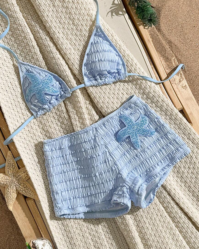 Conjunto de Bikini de Dos Piezas con Bordado de Estrella de Mar y Diseño Halter