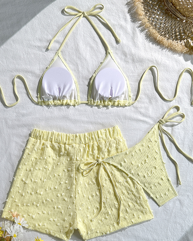 Conjunto de Bikini Halter Sólido Minimalista con Shorts