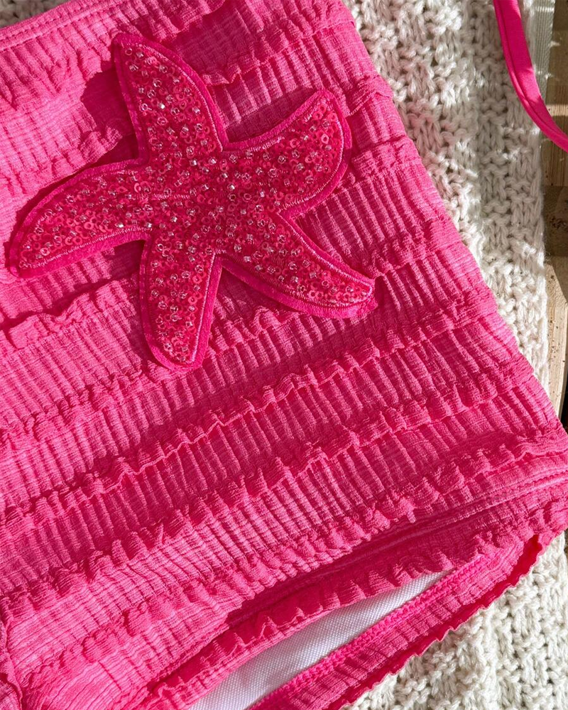 Conjunto de Bikini de Dos Piezas con Bordado de Estrella de Mar y Diseño Halter