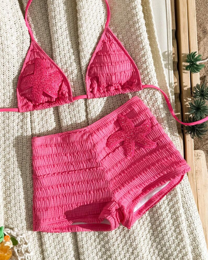 Conjunto de Bikini de Dos Piezas con Bordado de Estrella de Mar y Diseño Halter