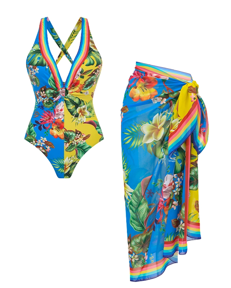 Conjunto de Baño con Estampado de Bloques de Color y Escote en V