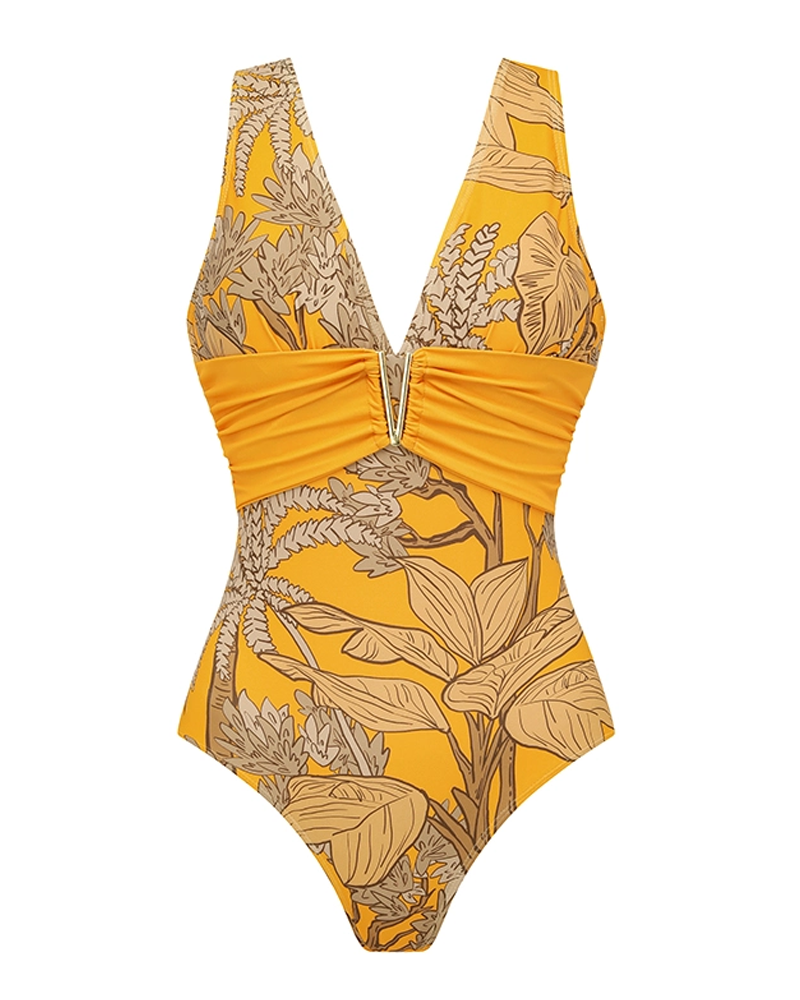 Conjunto de Baño Amarillo con Estampado de Plantas y Escote en V