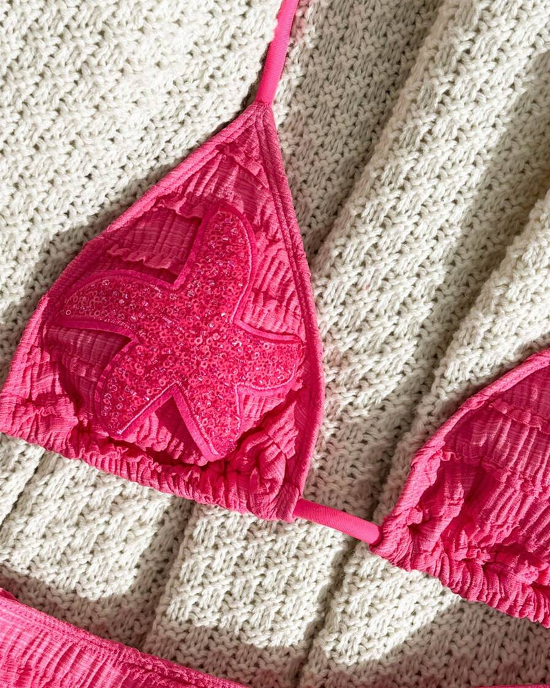 Conjunto de Bikini de Dos Piezas con Bordado de Estrella de Mar y Diseño Halter