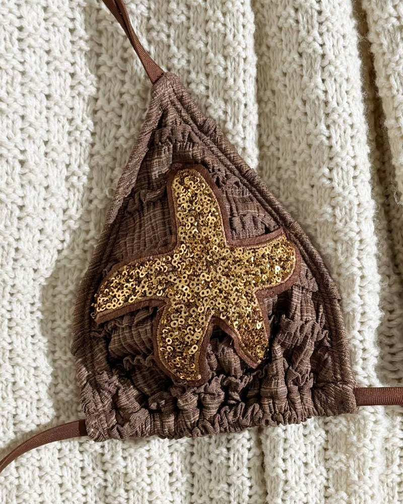 Conjunto de Bikini de Dos Piezas con Bordado de Estrella de Mar y Diseño Halter