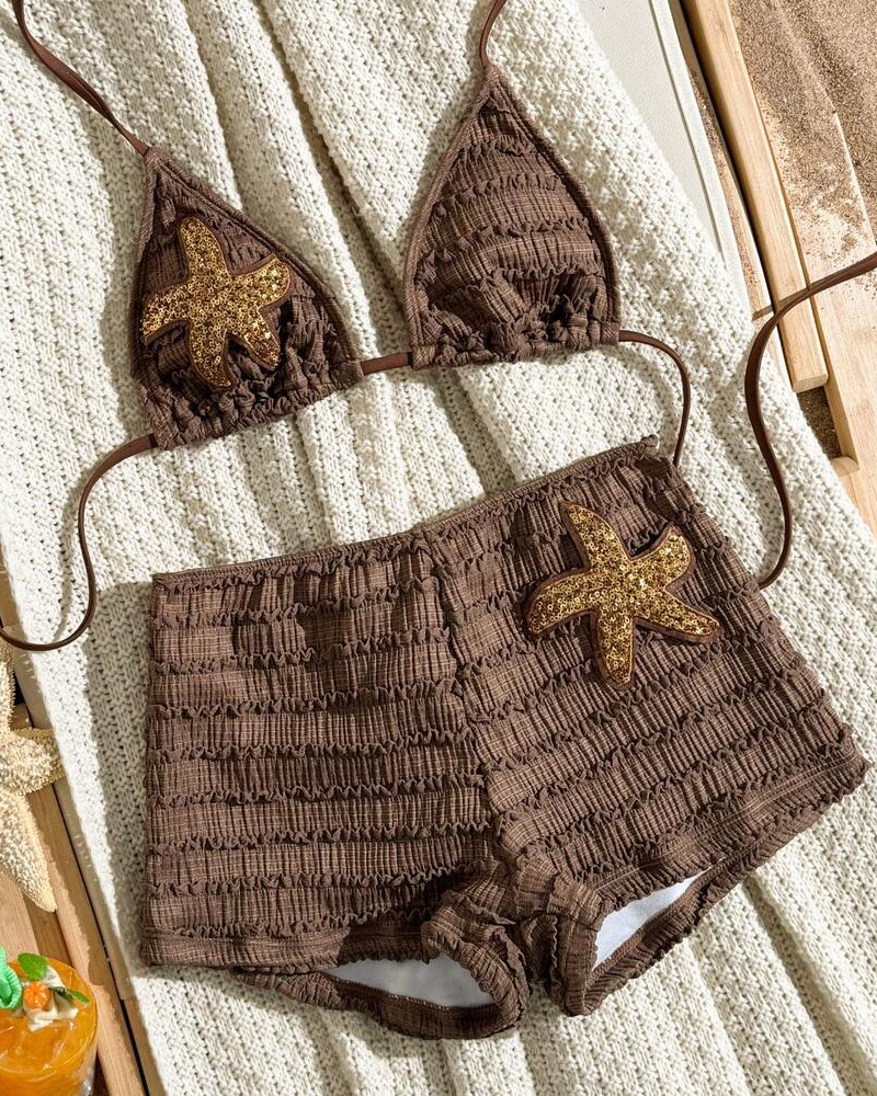 Conjunto de Bikini de Dos Piezas con Bordado de Estrella de Mar y Diseño Halter