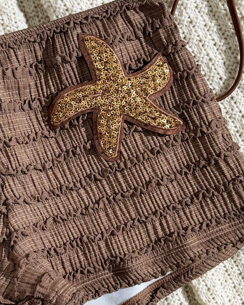 Conjunto de Bikini de Dos Piezas con Bordado de Estrella de Mar y Diseño Halter