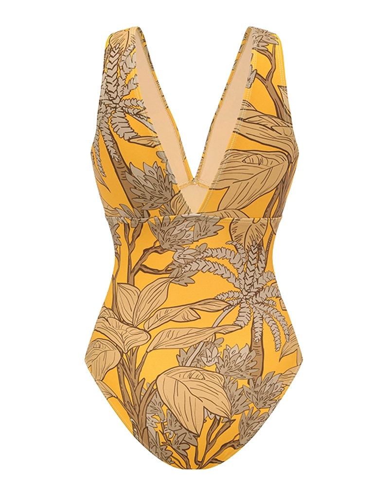 Conjunto de Baño Amarillo con Estampado de Plantas y Escote en V