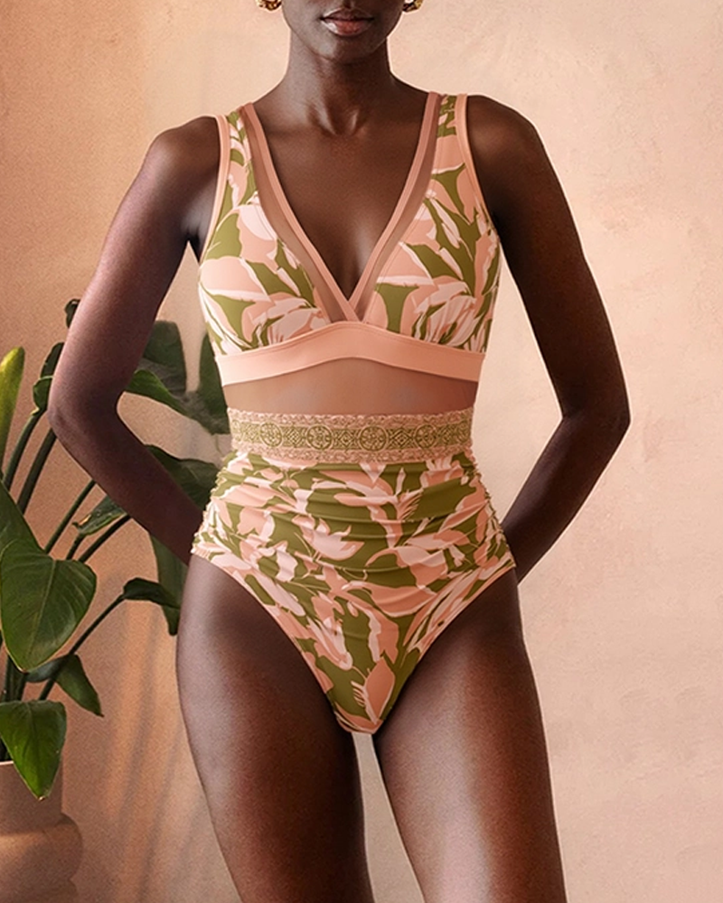 Conjunto de Baño con Estampado de Malla y Escote en V
