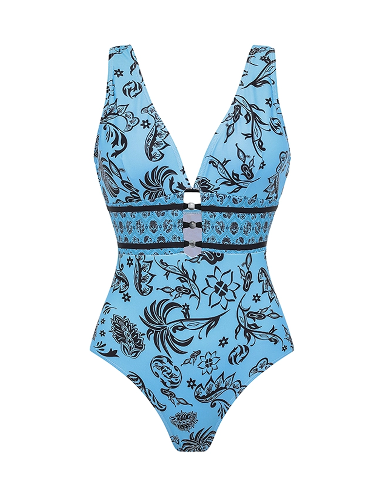 Conjunto de Baño con Corte en la Cintura y Diseño Azul