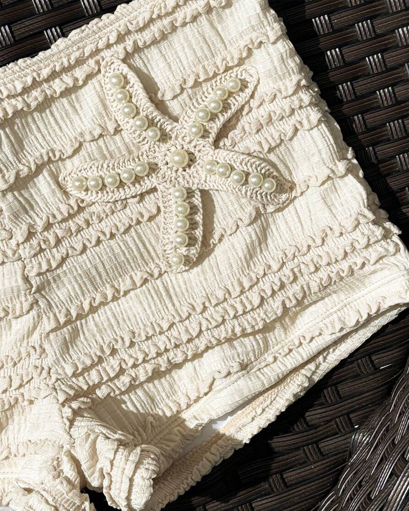 Conjunto de Bikini de Dos Piezas con Bordado de Estrella de Mar y Diseño Halter