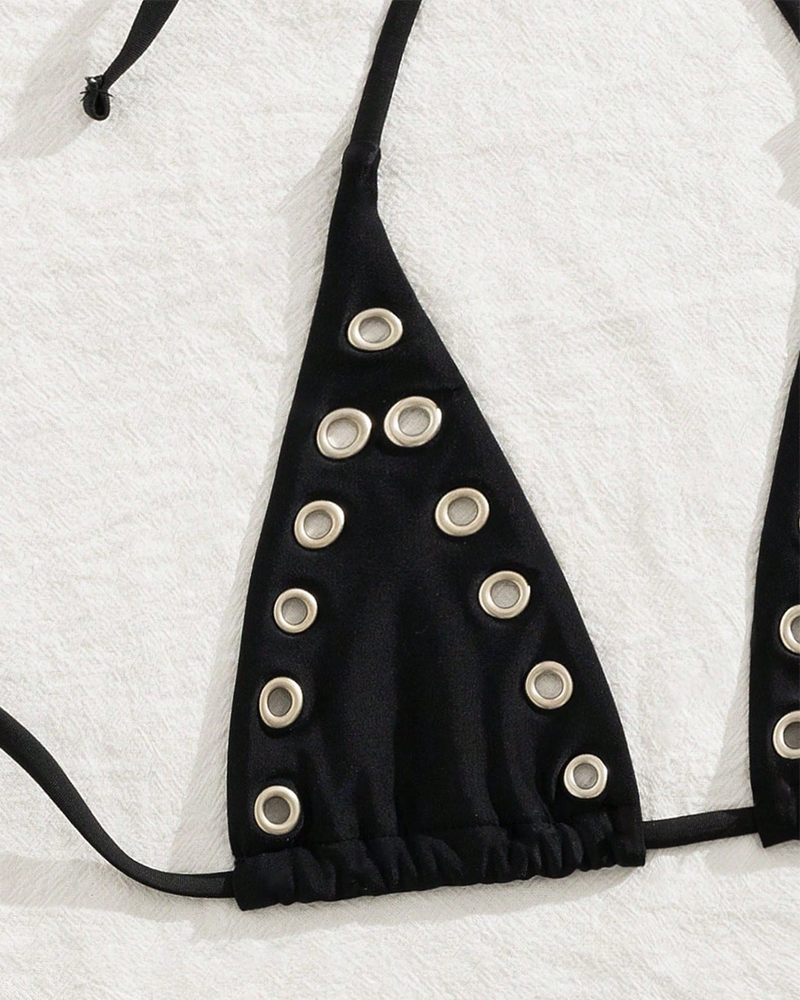 Conjunto de Bikini Halter con Anilla Metálica Dorada para Vacaciones Sensuales en la Playa