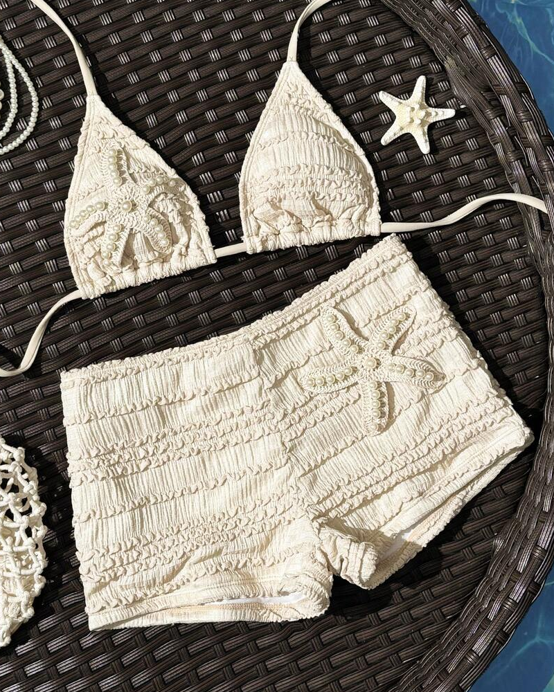 Conjunto de Bikini de Dos Piezas con Bordado de Estrella de Mar y Diseño Halter