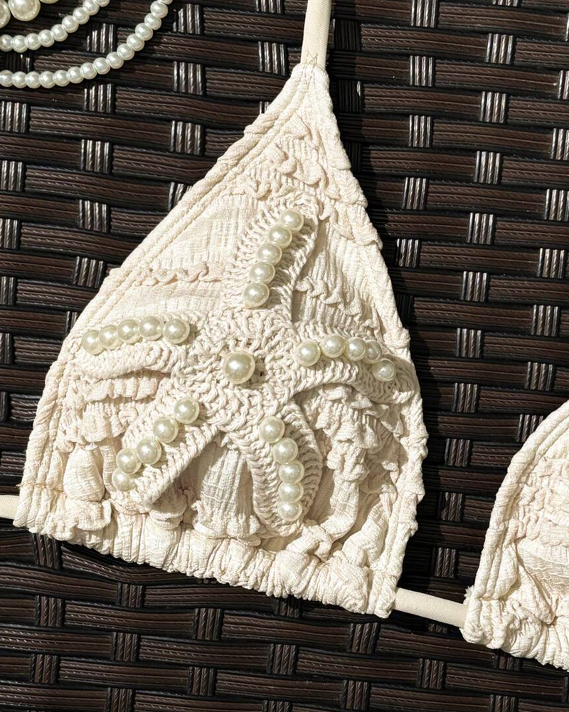 Conjunto de Bikini de Dos Piezas con Bordado de Estrella de Mar y Diseño Halter