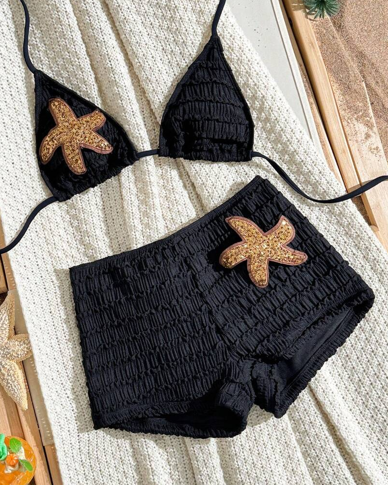 Conjunto de Bikini de Dos Piezas con Bordado de Estrella de Mar y Diseño Halter
