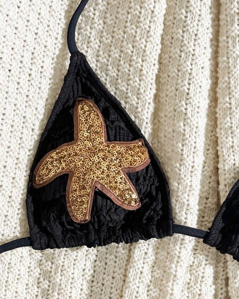 Conjunto de Bikini de Dos Piezas con Bordado de Estrella de Mar y Diseño Halter