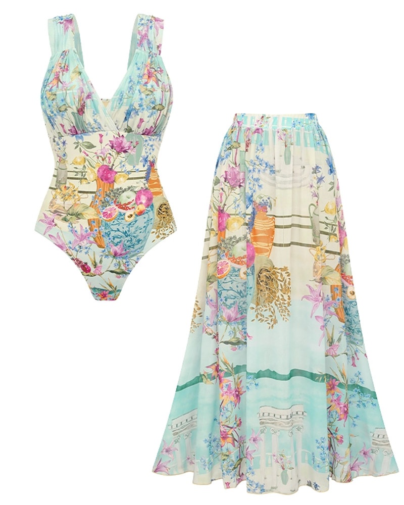 Elegante Conjunto de Traje de Baño con Escote en V y Estampado