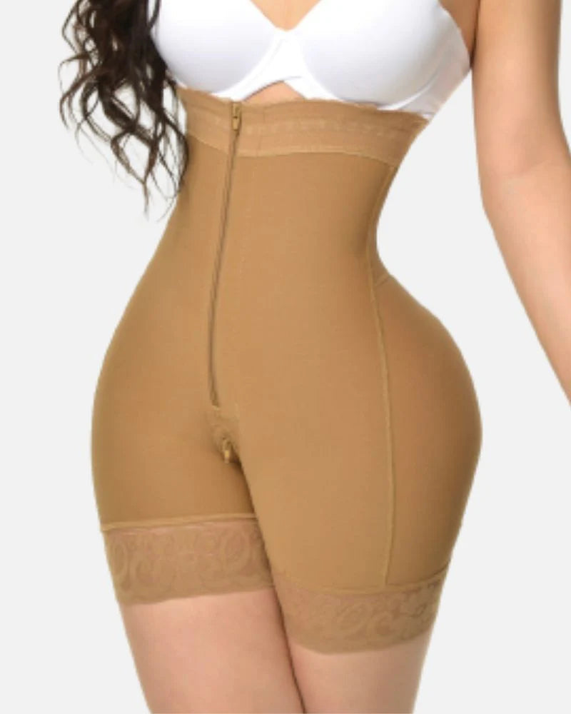 Fajas Colombianas de Compresión Shapewear con Escote Abierto y Control Abdomen con Cremallera
