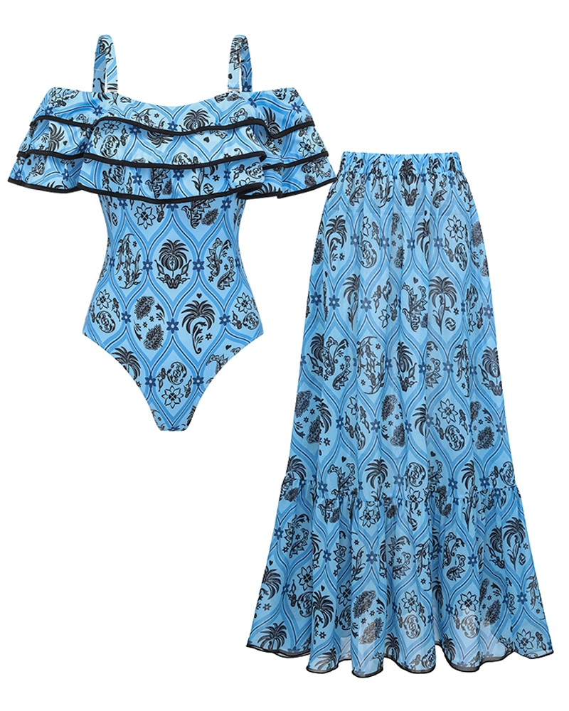 Conjunto de Baño con Corte en la Cintura y Diseño Azul