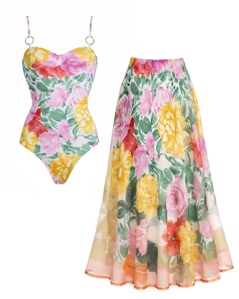 Conjunto de Bañador Floral Abstracto con Tiras Regulables