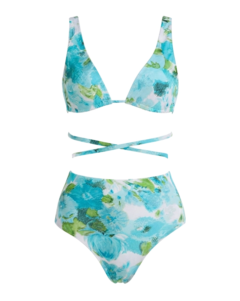Conjunto de Bañador Abstracto en Tonos Azules con Diseño Floral