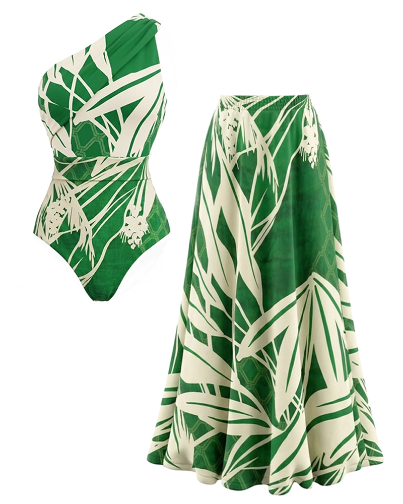 Conjunto de Baño Elegante en Verde con Estampado Botánico