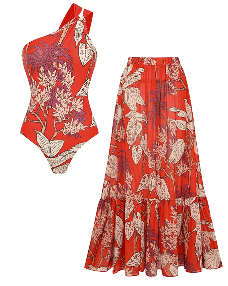 Conjunto de Baño de Un Hombro con Estampado de Plantas Rojas