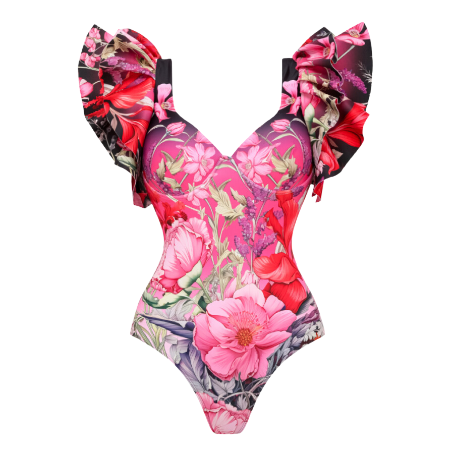 Traje de Baño de Una Pieza con Estampado Floral Arrugado y Sarong