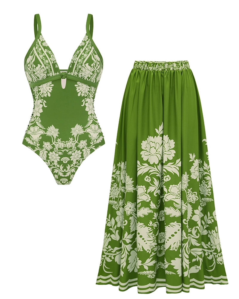 Conjunto de Baño Retro Verde con Volantes en Forma de V
