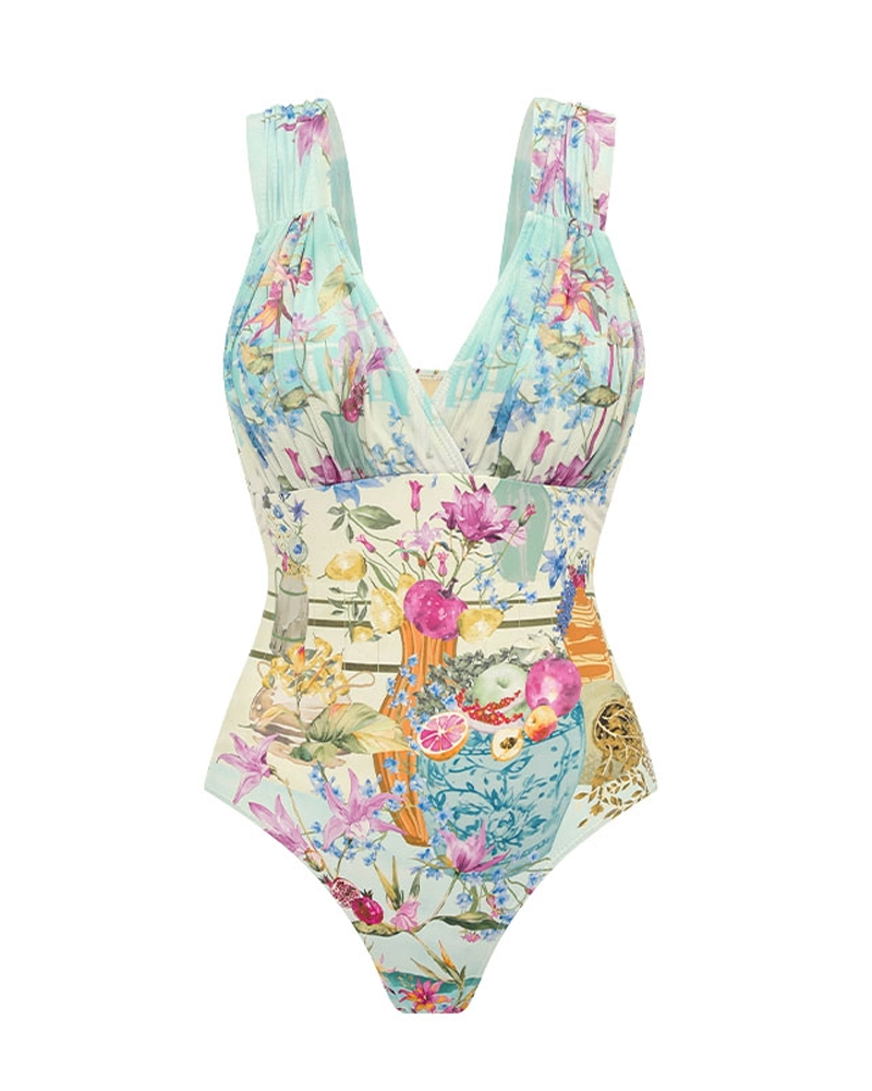 Elegante Conjunto de Traje de Baño con Escote en V y Estampado