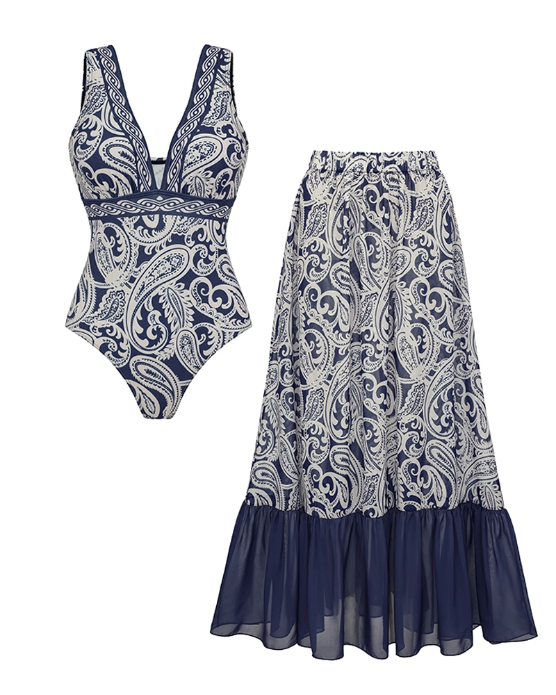 Conjunto de Baño Sexy con Estampado Paisley en Azul