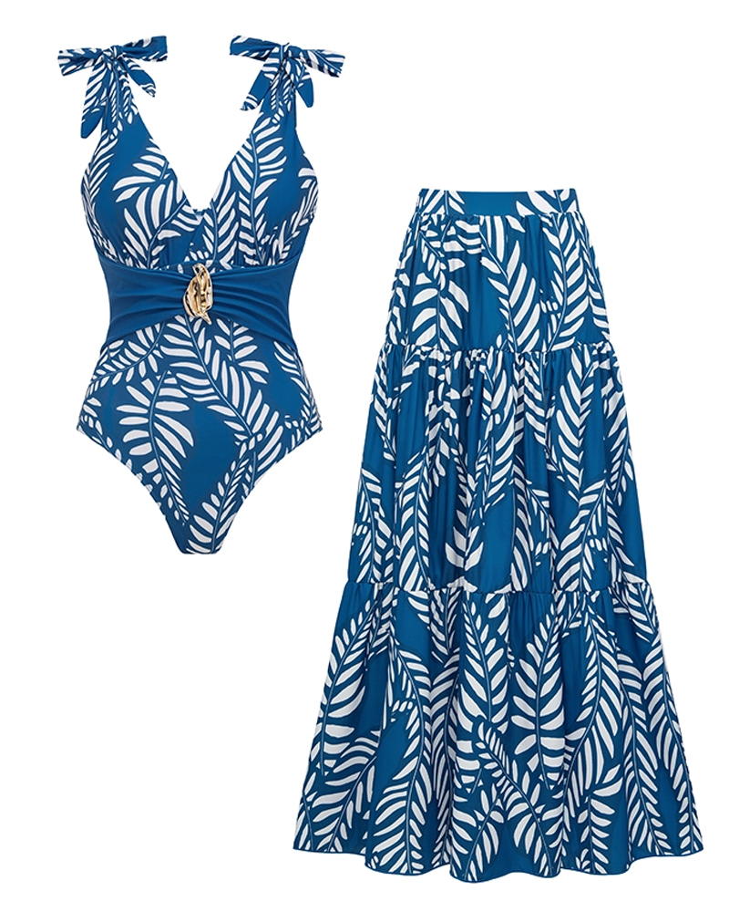 Conjunto de Baño con Estampado de Hojas y Borlas Azules