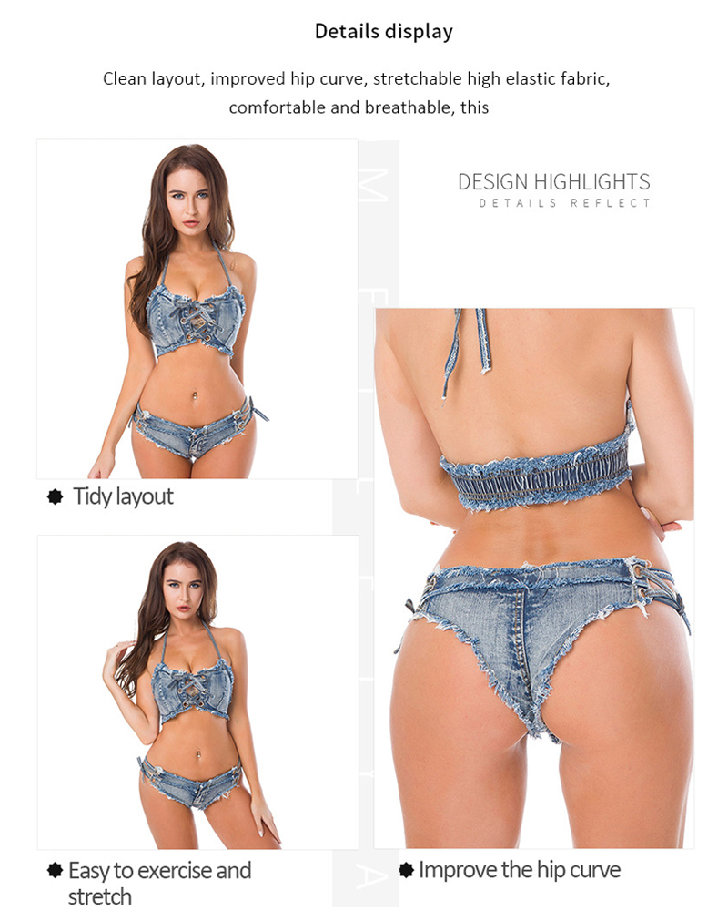 Conjunto de Bikini de Denim Sexy con Cordones Frontales para Mujeres