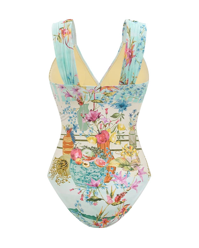 Elegante Conjunto de Traje de Baño con Escote en V y Estampado