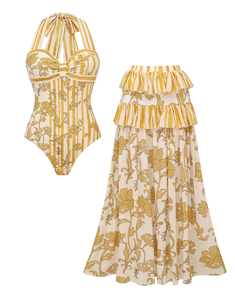 Conjunto de Baño Estampado en Amarillo Limón con Diseño Halter
