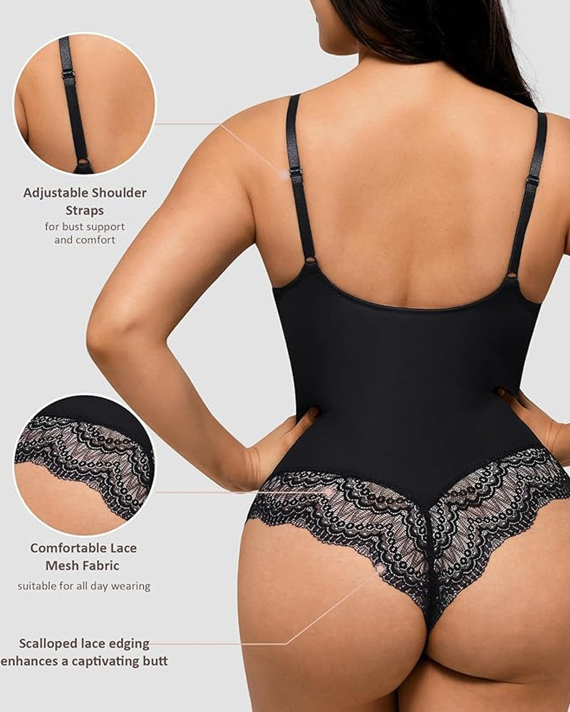 Body de Encaje con Escote en V y Control Abdomen