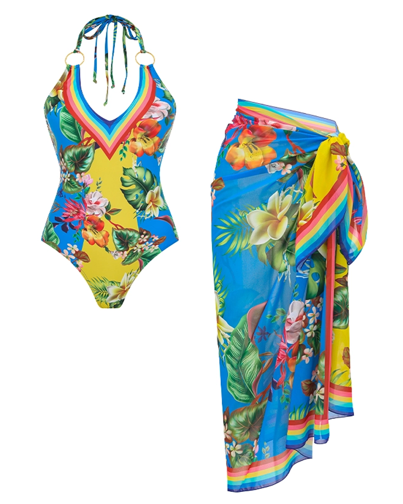 Conjunto de Baño con Estampado de Bloques de Color y Escote en V