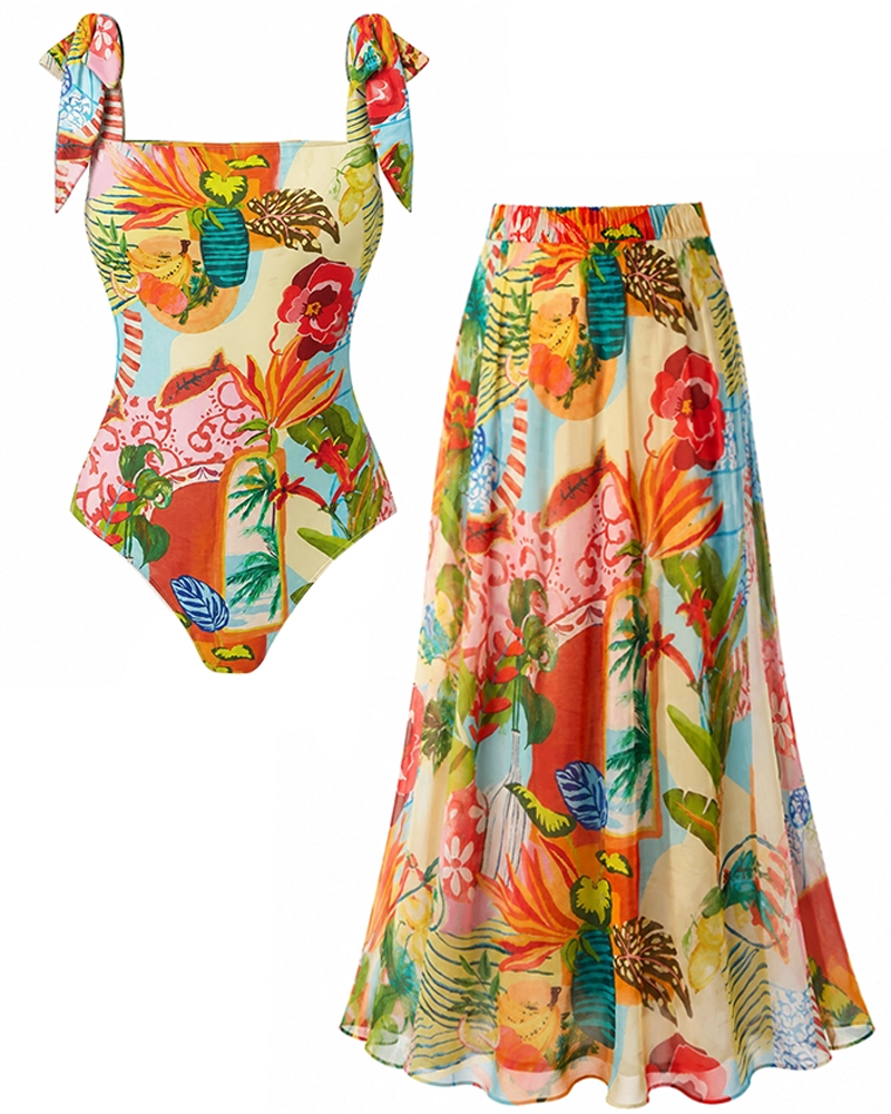 Conjunto de Ba swimsuit con Tirantes Ajustables y Diseño Tropical