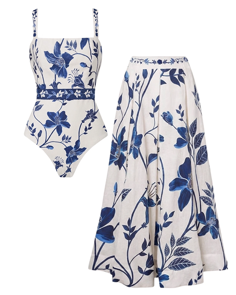 Conjunto de Bañador con Tirantes Ajustables en Diseño Floral Azul y Blanco
