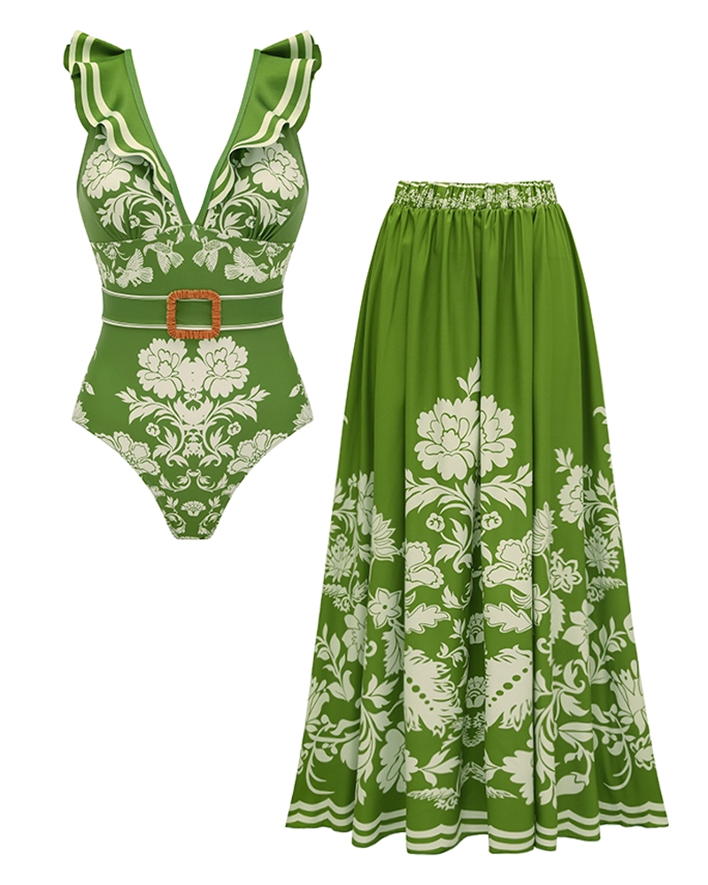 Conjunto de Baño Retro Verde con Volantes en Forma de V