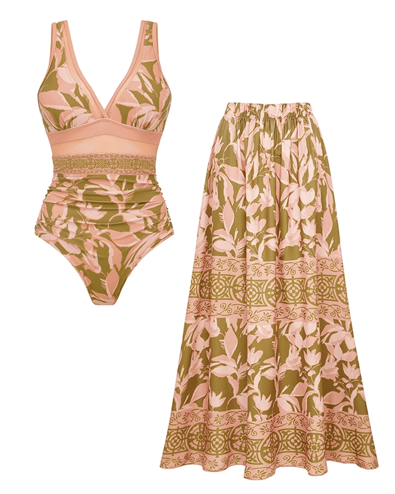 Conjunto de Baño con Estampado de Malla y Escote en V