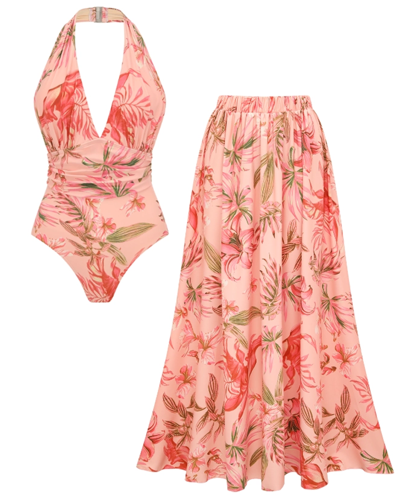 Conjunto de Baño Sexy con Estampado de Lirio Rosa